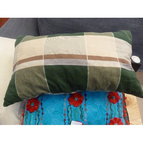 387 - 8 X SCATTER CUSHIONS INCLUDING BLUE CRUSHED VELVET, GREEN SLUB, EMBROIDERED POPPY DESIGN ETC