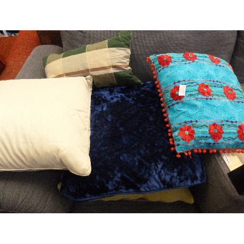 387 - 8 X SCATTER CUSHIONS INCLUDING BLUE CRUSHED VELVET, GREEN SLUB, EMBROIDERED POPPY DESIGN ETC