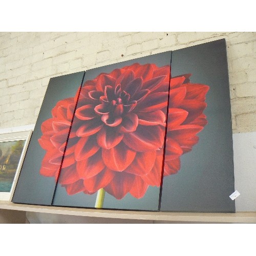 65 - LARGE TRIPTYCH RED DAHLIA WALL CANVAS. FORMS LARGE SQUARE.