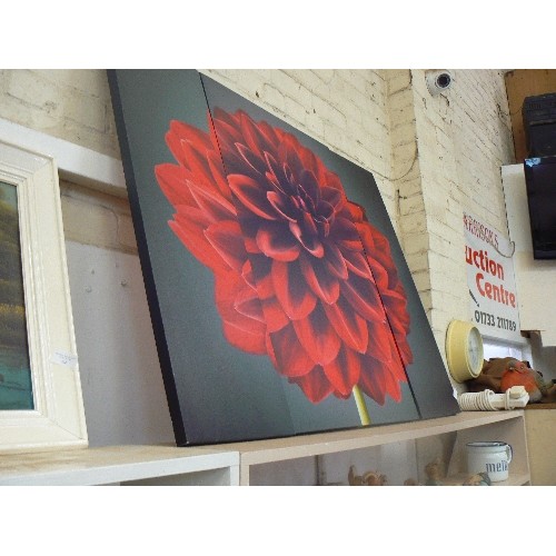 65 - LARGE TRIPTYCH RED DAHLIA WALL CANVAS. FORMS LARGE SQUARE.