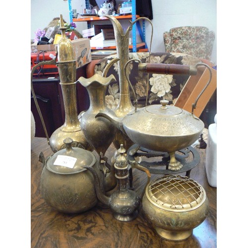 281 - INDIAN ETCHED BRASSWARE. TALL DECANTERS AND JUGS, TRIVET, TEAPOTS, ROSE BOWL ETC. 8 PCS.