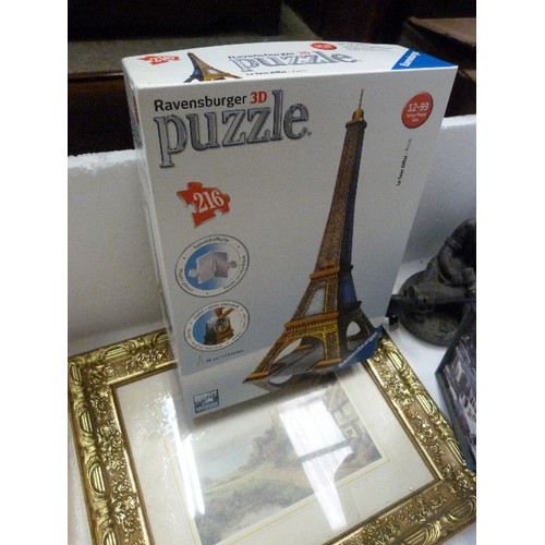 397 - POLYSTYRENE CRATE WITH MIXED ITEMS - MYLEE NAIL CURER, EIFEL TOWER 3D PUZZLE ETC