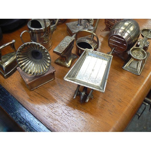 285 - BRASS MINIATURES COLLECTION. INC ANVIL, GRAMMAPHONE, BEER BARRELS, FLAT IRON, BELLOWS ETC ETC. 13 PC... 