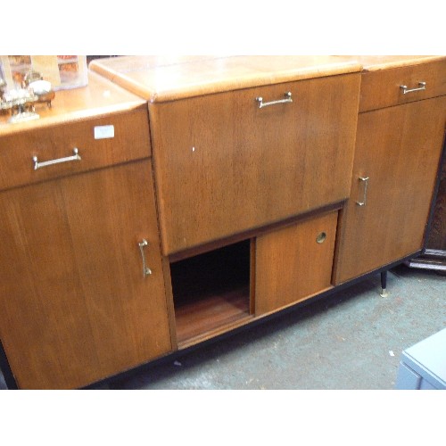 286 - RETRO-VINTAGE SIDEBOARD WITH FABULOUS COCKTAIL CABINET SECTION. DRAWERS, CUPBOARDS, SLIDE DOORS-BRAS... 