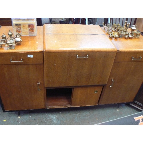 286 - RETRO-VINTAGE SIDEBOARD WITH FABULOUS COCKTAIL CABINET SECTION. DRAWERS, CUPBOARDS, SLIDE DOORS-BRAS... 