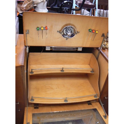 286 - RETRO-VINTAGE SIDEBOARD WITH FABULOUS COCKTAIL CABINET SECTION. DRAWERS, CUPBOARDS, SLIDE DOORS-BRAS... 