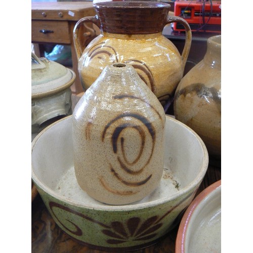 287 - STUDIO POTTERY. 9 PIECES. INC 2 HANDLED POT, JUG, VASE, CHEESE DISH, LIDDED CROCK ETC.