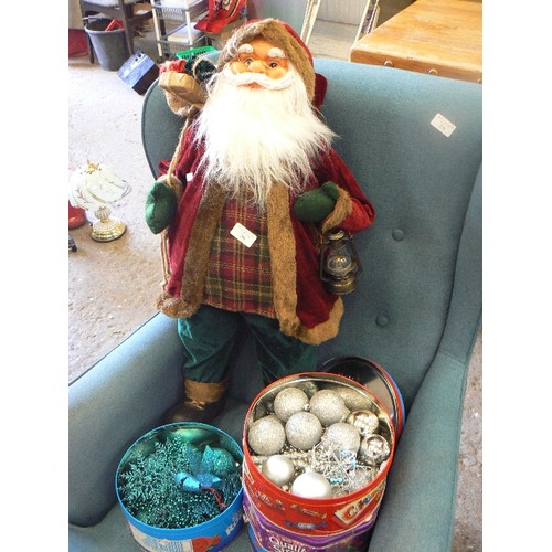 288 - LARGE SANTA CLAUS/FATHER CHRISTMAS FIGURE 82CM H. 4 TINS OF BAUBLES, TEAL, SILVER ETC.