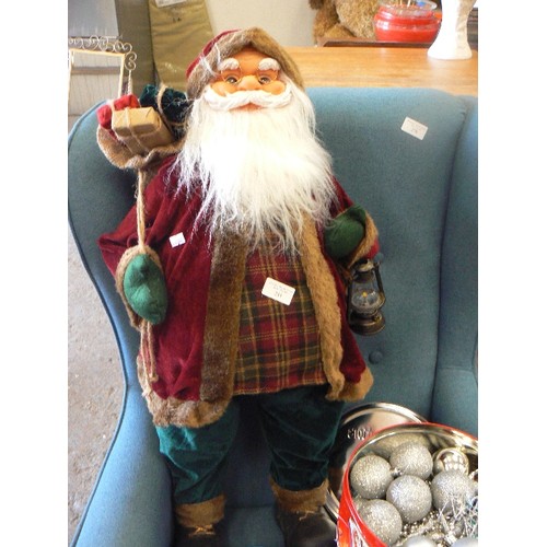 288 - LARGE SANTA CLAUS/FATHER CHRISTMAS FIGURE 82CM H. 4 TINS OF BAUBLES, TEAL, SILVER ETC.