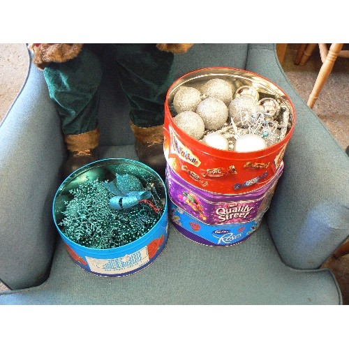 288 - LARGE SANTA CLAUS/FATHER CHRISTMAS FIGURE 82CM H. 4 TINS OF BAUBLES, TEAL, SILVER ETC.