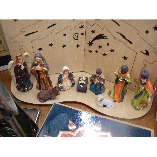 290 - NOMA ILLUMINATED NATIVITY BOOK SCENE. ALSO CHRISTMAS TREE CRYSTAL[BOTH BOXED] LEADED GLASS ANGEL, AV... 