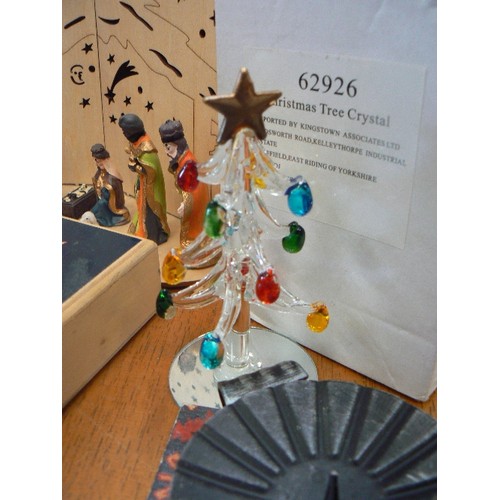 290 - NOMA ILLUMINATED NATIVITY BOOK SCENE. ALSO CHRISTMAS TREE CRYSTAL[BOTH BOXED] LEADED GLASS ANGEL, AV... 