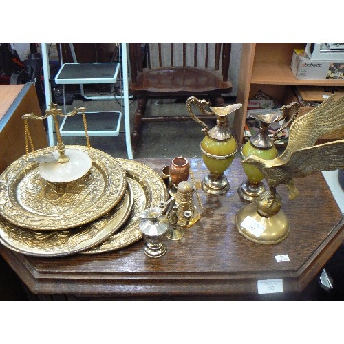 292 - VINTAGE BRASS. INC EAGLE, PAIR OF ONYX/BRASS DECANTERS, EMBOSSED PLATES, WINDMILL ETC.