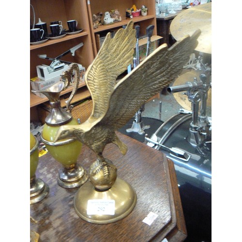 292 - VINTAGE BRASS. INC EAGLE, PAIR OF ONYX/BRASS DECANTERS, EMBOSSED PLATES, WINDMILL ETC.