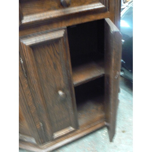 293 - SMALL VINTAGE DARK OAK CABINET WITH CUT CORNERS,  DRAWER AT TOP AND 2 DOOR SHELVED CABINET. 65CMW