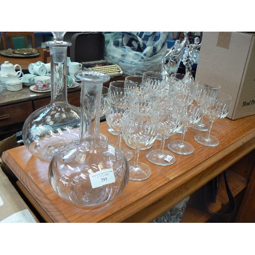 295 - 2 CONTEMPORARY GLASS DECANTERS, WITH 14 MATCHING WINE GLASSES