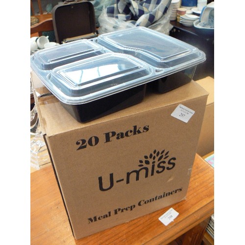 297 - NEW MEAL PREP CONTAINERS WITH LIDS BY U-MISS. MAYBE LESS THAN 20 AS BOX OPENED?.