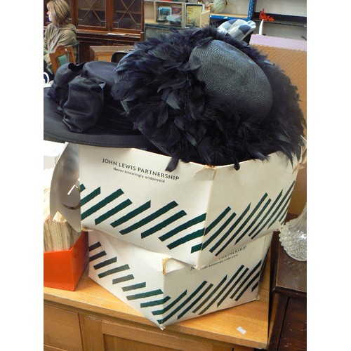 303 - STUNNING JACQUES VERT BLACK FEATHER OCCASION HAT, ALSO A BLACK SATIN WITH LARGE BOW, A NAVY WITH NET... 