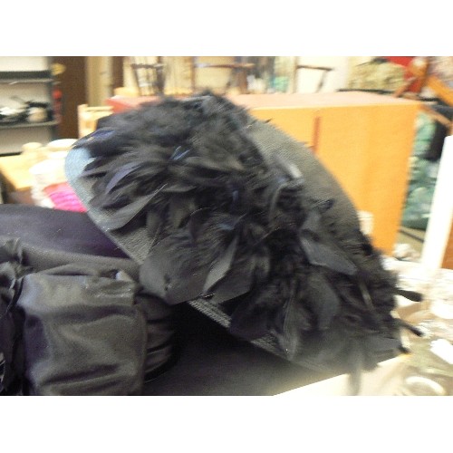 303 - STUNNING JACQUES VERT BLACK FEATHER OCCASION HAT, ALSO A BLACK SATIN WITH LARGE BOW, A NAVY WITH NET... 