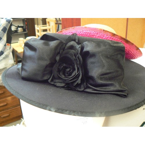 303 - STUNNING JACQUES VERT BLACK FEATHER OCCASION HAT, ALSO A BLACK SATIN WITH LARGE BOW, A NAVY WITH NET... 