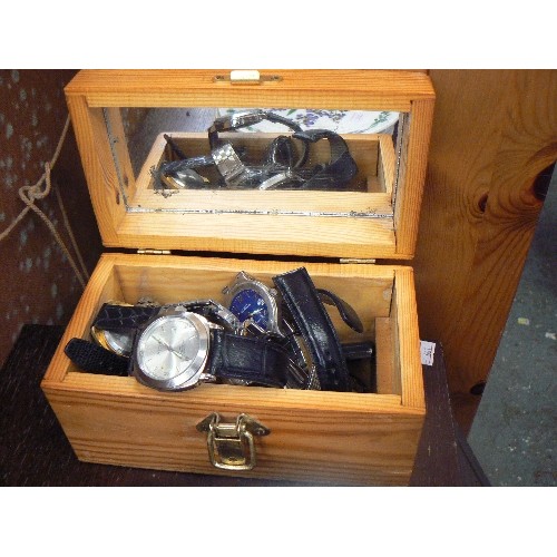 307 - APPROX 15 X WATCHES. SOME VINTAGE. TIMEX, SEKONDA, CONTINENTAL ETC. IN A SMALL WOODEN BOX.