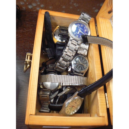 307 - APPROX 15 X WATCHES. SOME VINTAGE. TIMEX, SEKONDA, CONTINENTAL ETC. IN A SMALL WOODEN BOX.