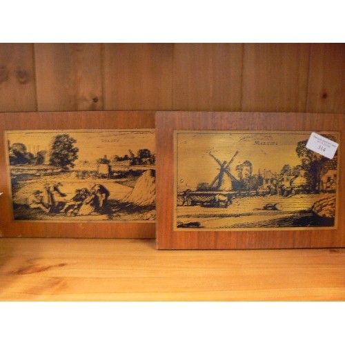 314 - 2 X 'ETCHED METAL ON WOOD' WALL PLAQUES. DUTCH FARMING SCENES 'MARTIUS & JULIUS'