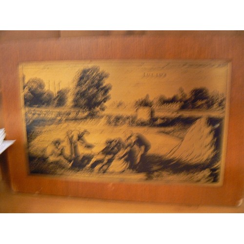 314 - 2 X 'ETCHED METAL ON WOOD' WALL PLAQUES. DUTCH FARMING SCENES 'MARTIUS & JULIUS'