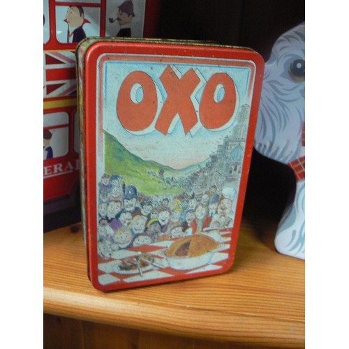 315 - 5 X VINTAGE BISCUIT TINS. SPITFIRE IMAGE ON A STEWARTS SHORTBREAD TIN, OXO, CHOC & TOFFEE BUS ETC.