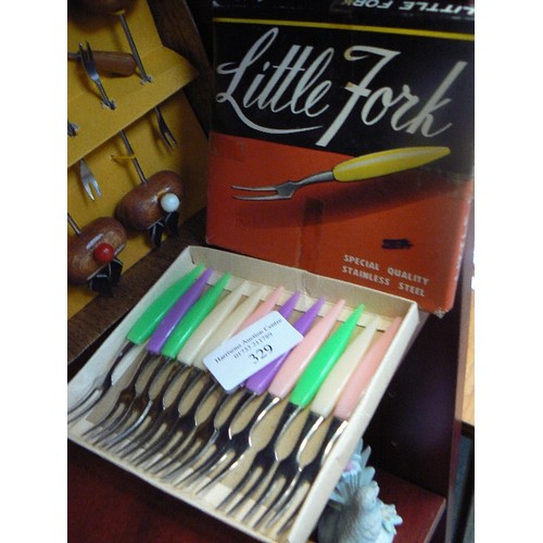 329 - 2 X SETS OF RETRO-VINTAGE COCKTAIL FORKS. POTATO HEAD FORKS, AND 'LITTLE FORK' WITH PRETTY COLOURED ... 