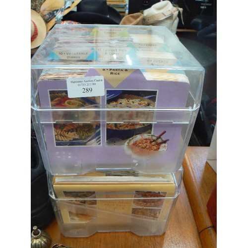 289 - 'DELICIOUS MEALS MADE EASY' 2 X PERSPEX CASES FULL OF RECIPE INDEX CARDS.