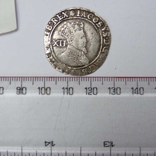 18 - 1604 - 19 King James I, SECOND COINAGE,  Hammered Silver Shilling Coin MM Rose (VF), 6 GRAMS