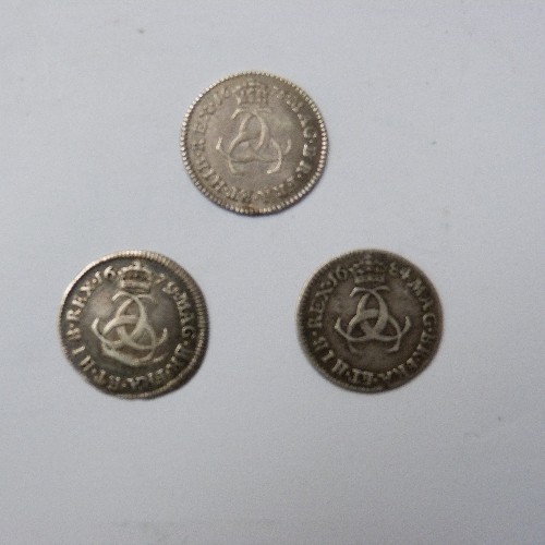 21 - 3 CHARLES II SILVER THREEPENCE COINS 
1675  VERY FINE 
1679   VERY FINE
1684   FINE
NO MINT MARKS, 4... 