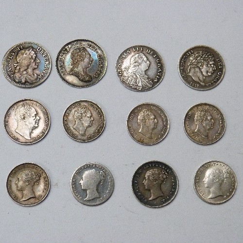 25 - COLLECTION OF 12 FOURPENCE SILVER COINS 
1683 Charles II Early Milled Silver Maundy Fourpence (F)
17... 