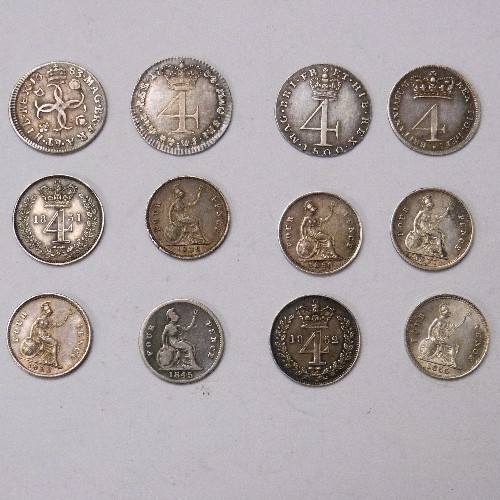 25 - COLLECTION OF 12 FOURPENCE SILVER COINS 
1683 Charles II Early Milled Silver Maundy Fourpence (F)
17... 