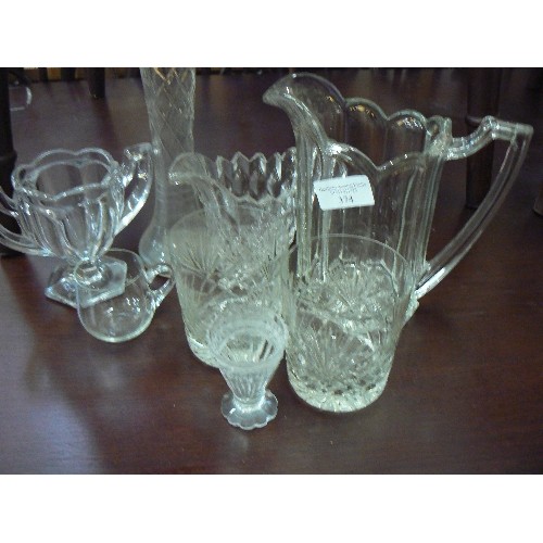 374 - GLASS WHISKEY TUMBLERS, JUGS, VASES ETC. 8 PCS.