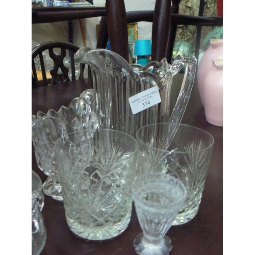 374 - GLASS WHISKEY TUMBLERS, JUGS, VASES ETC. 8 PCS.