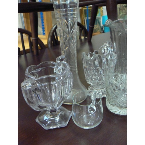 374 - GLASS WHISKEY TUMBLERS, JUGS, VASES ETC. 8 PCS.