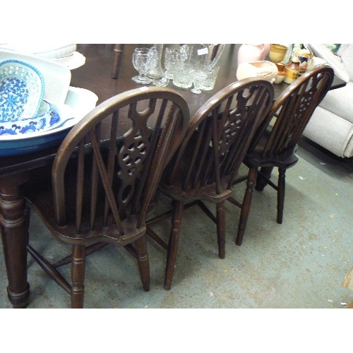 376 - HEAVY DARK WOOD RECTANGULAR DINING TABLE AND 8 CHAIRS. INC 2 CARVERS-REPRO WINDSOR STYLE. TABLE APPR... 