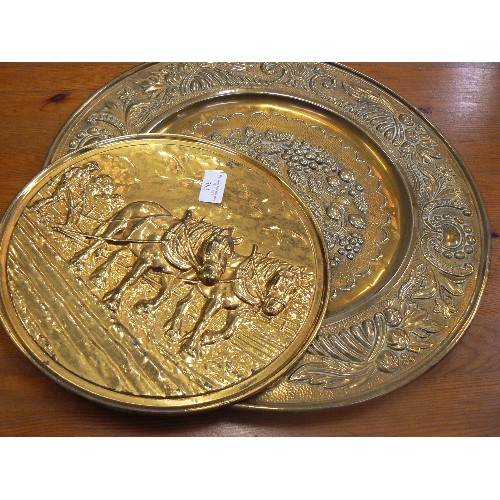 383 - 2 BRASS CHARGERS/PLATES. RAISED DETAIL. SHIRE HORSE, AND FRUIT.