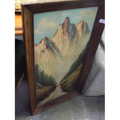 385 - VINTAGE OIL ON CANVAS. MOUNTAIN RANGE WITH TREE-LINED RIVER IN THE VALLEY. SIGNED BUT UNSURE OF ARTI... 