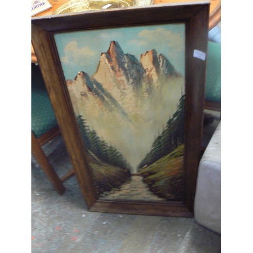 385 - VINTAGE OIL ON CANVAS. MOUNTAIN RANGE WITH TREE-LINED RIVER IN THE VALLEY. SIGNED BUT UNSURE OF ARTI... 