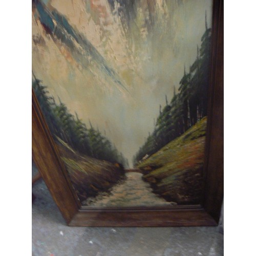 385 - VINTAGE OIL ON CANVAS. MOUNTAIN RANGE WITH TREE-LINED RIVER IN THE VALLEY. SIGNED BUT UNSURE OF ARTI... 