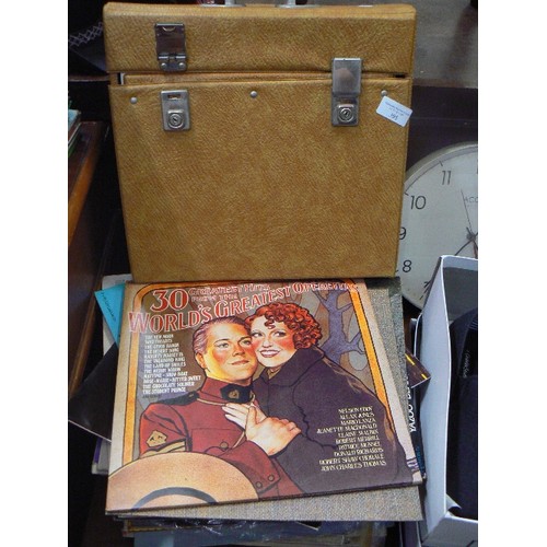 395 - STACK OF VINTAGE LP RECORDS. ALSO A RETRO RECORD CASE FULL. MIXED GENRES, COUNTRY MUSIC, MAX BOYCE, ... 