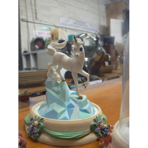 413 - UNICORNS. FRANKLIN MINT HAND-PAINTED LIMITED EDITION SCULPTURES IN GLASS DOMES.