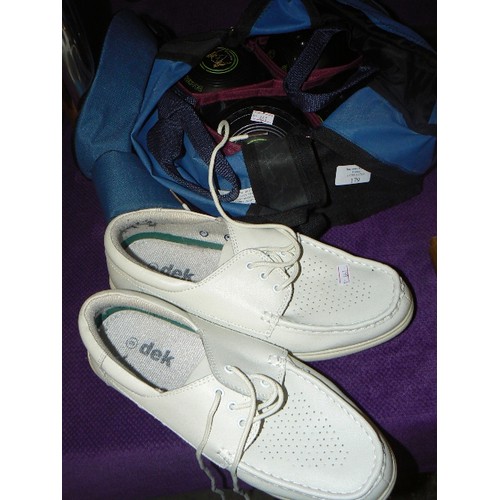 179 - SET OF LAWN BOWLS. 'DRAKES PRIDE' ALSO WHITE BOWLING SHOES. MENS 9