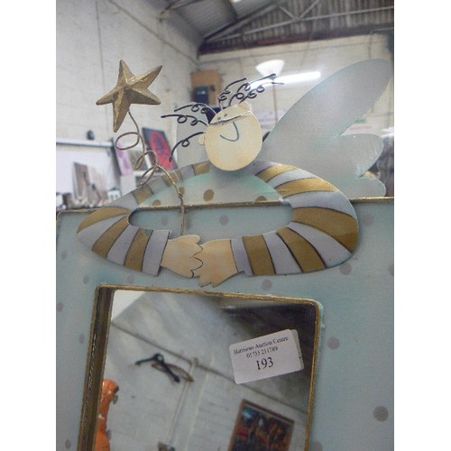 193 - NOVELTY TIN-PLATE MIRROR. MODERN ANGEL FIGURE LEANING OVER THE TOP WITH THE WORDING 'BEAUTIFUL'