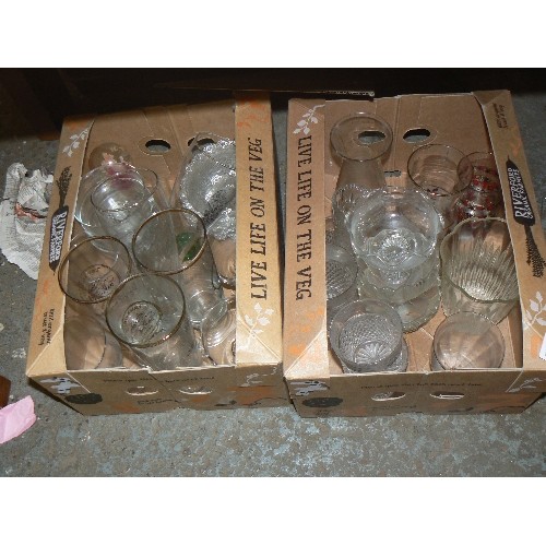 224 - 2 X CRATES FULL OF MIXED GLASSWARE. PINT BEER GLASSES, TUMBLERS, SUNDAE DISHES, VASES ETC.