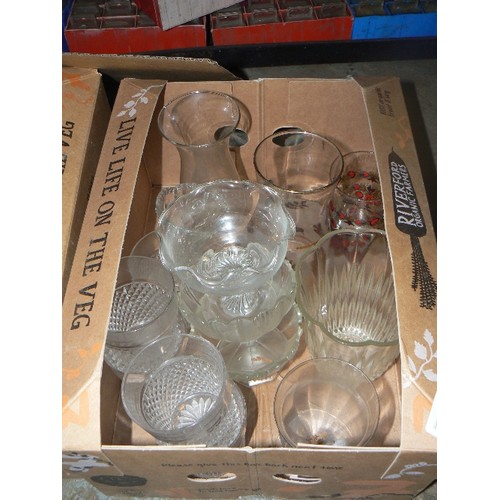 224 - 2 X CRATES FULL OF MIXED GLASSWARE. PINT BEER GLASSES, TUMBLERS, SUNDAE DISHES, VASES ETC.