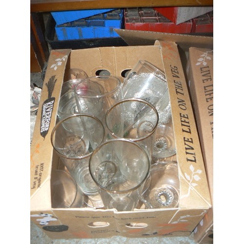 224 - 2 X CRATES FULL OF MIXED GLASSWARE. PINT BEER GLASSES, TUMBLERS, SUNDAE DISHES, VASES ETC.